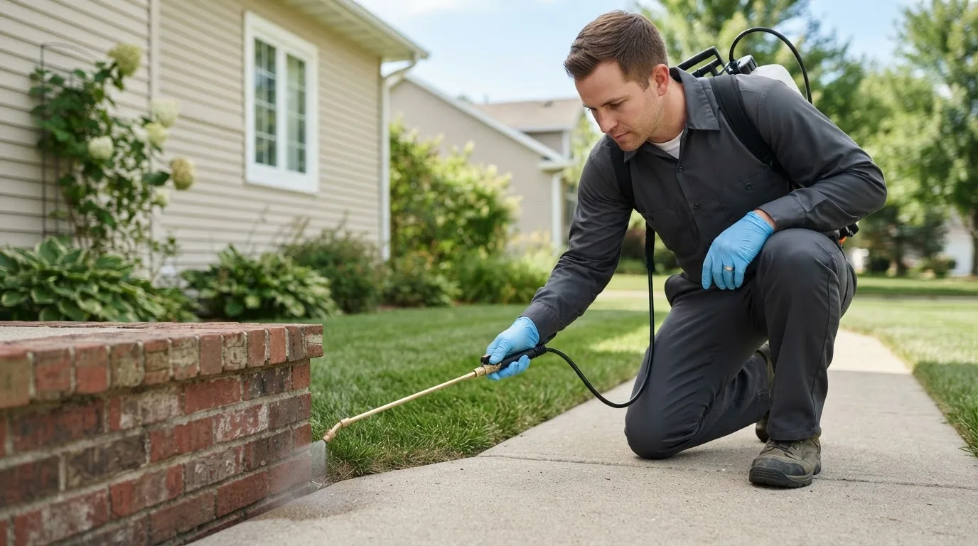 Pest control technician treating a home near Senoia, GA